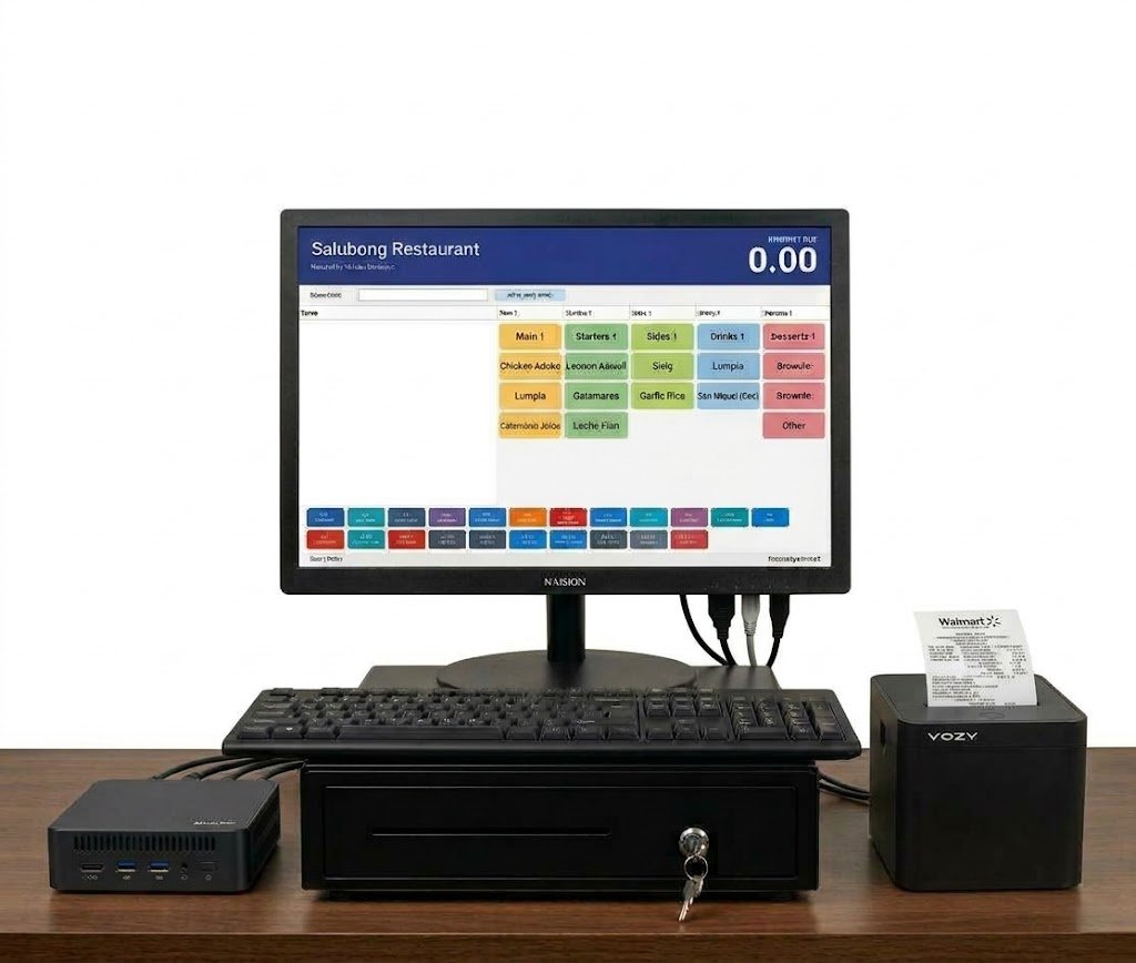 Standard non-touch POS package: monitor, keyboard, cash drawer, mini PC and thermal receipt printer