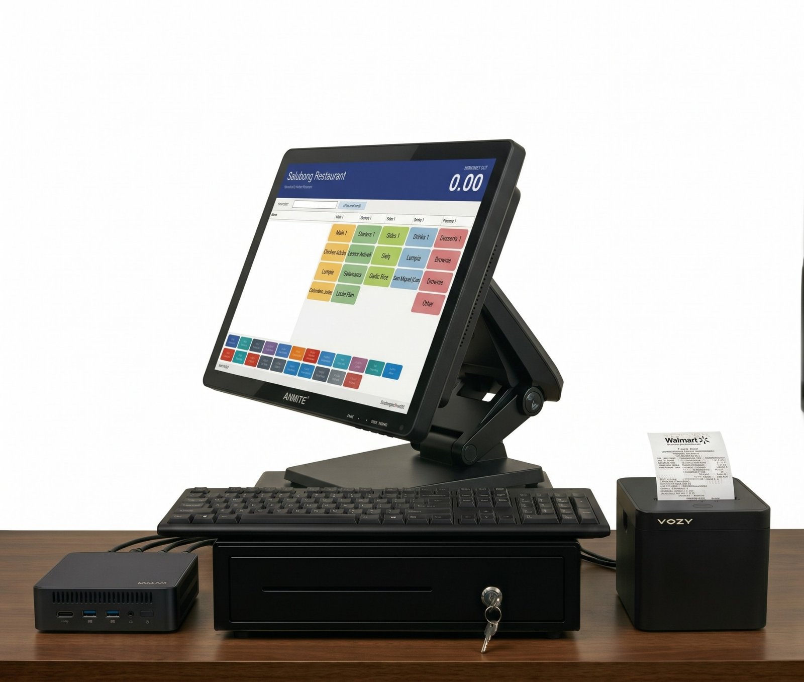 Touch screen POS package: all-in-one touch monitor on a foldable stand, keyboard, cash drawer, mini PC and thermal receipt printer
